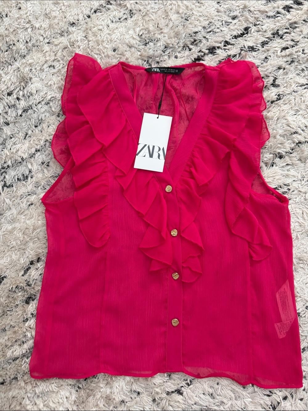 Zara Bright Fuchsia Ruffle V-Neck Sleeveless Blouse
